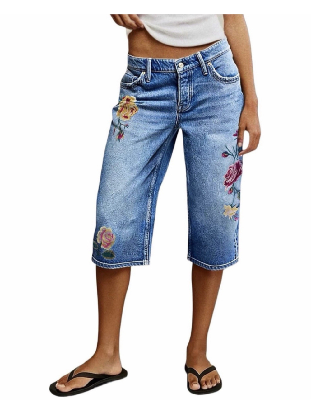 Flamingals Straight Wide Leg Capri Jeans Floral S